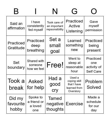 Mental Health Bingo Card