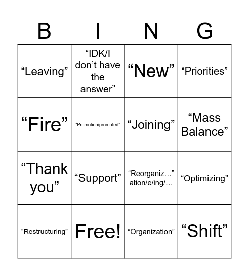 OSE Reorganization Bingo Card