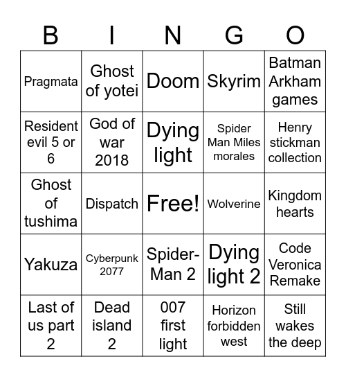 Games Dave might platinum Bingo Card