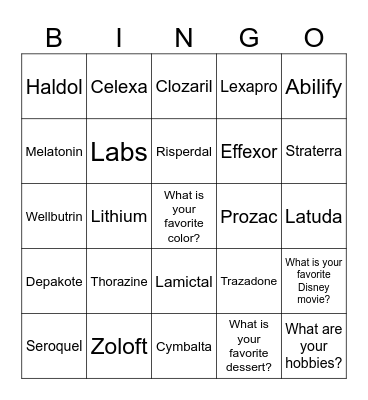 Psychiatric Medication Bingo Card