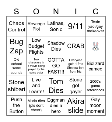 Sonic Movie 3 Bingo Card