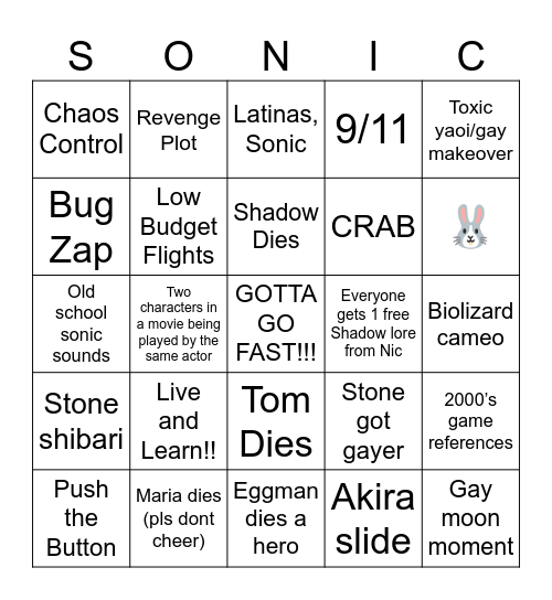 Sonic Movie 3 Bingo Card