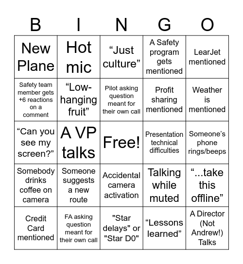 Team Member Call Bingo Card