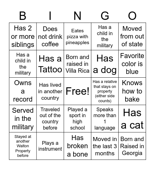 Walton Trail Bingo Card