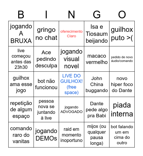Guilhox Bingox Bingo Card