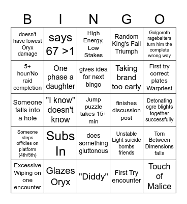 King's Fall Bingo Card