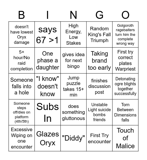 King's Fall Bingo Card