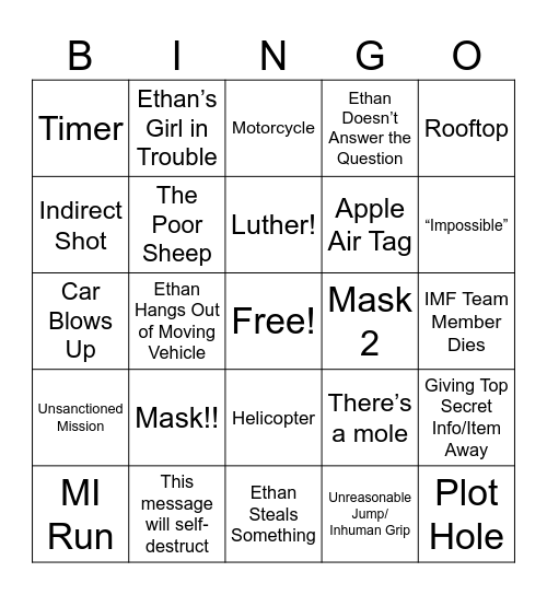 Mission Impossible Bingo Card