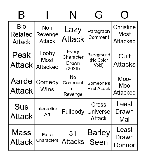 Artfight Bingo Card