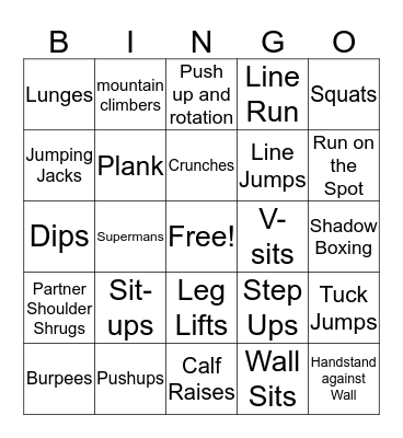Fitness Bingo Card