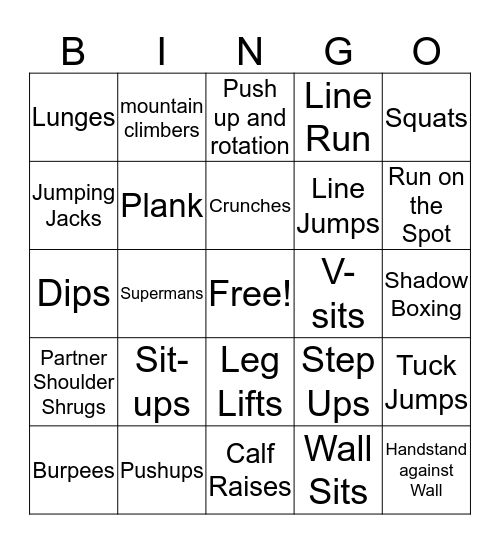 Fitness Bingo Card