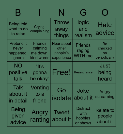 What helps when I am angry or frustrated Bingo Card