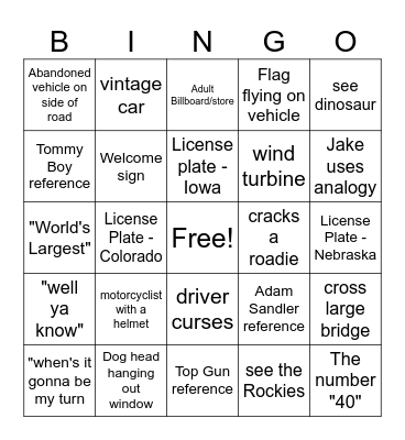 Road Trip Bingo Card