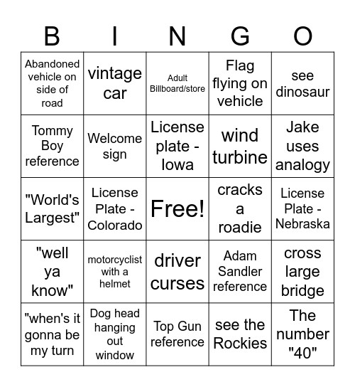 Road Trip Bingo Card