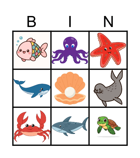 Sea Animals Bingo Card