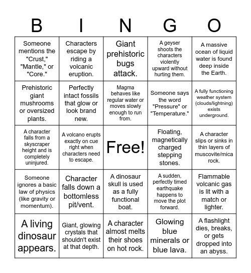 Journey to the Center of the Earth BINGO Card