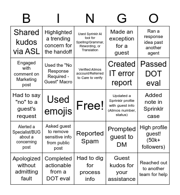 Social Care Bingo Card