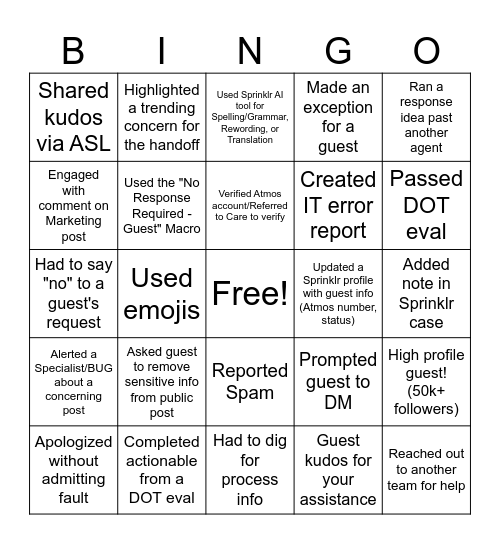 Social Care Bingo Card