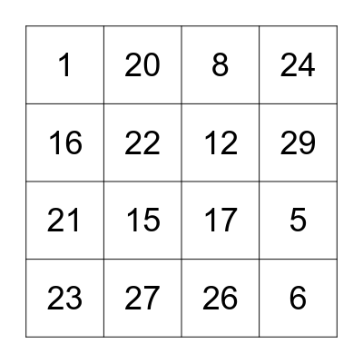 Number Bingo Card