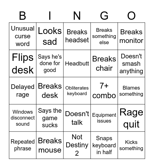 E1iteDeath Rage Bingo Card