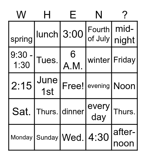 TIMES Bingo Card