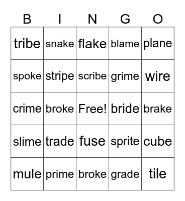 Vowel-Consonant-E Bingo Card
