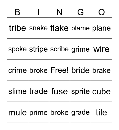Vowel-Consonant-E Bingo Card