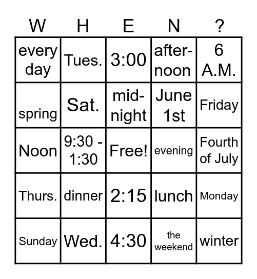 TIMES Bingo Card