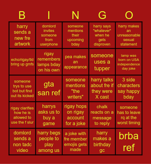 lamps bday fre bingo Card