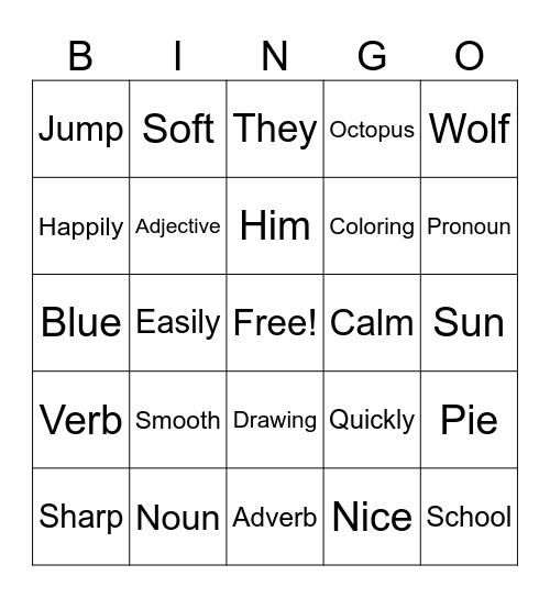 Parts of Speech Bingo Card
