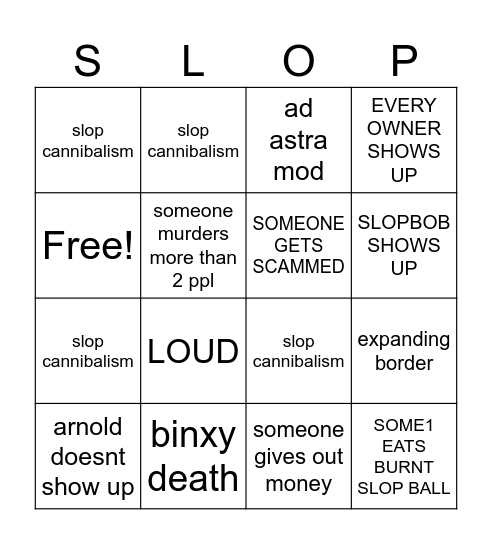SLOP EVENT Bingo Card