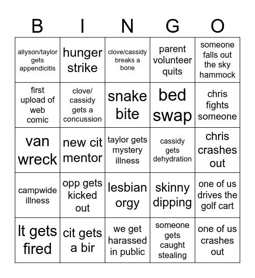 camp 2026 Bingo Card