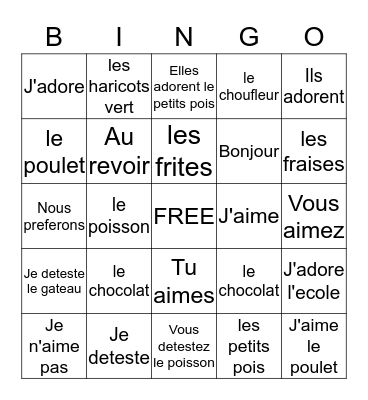 Likes and Foods Bingo Card