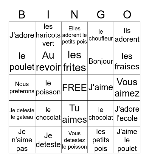 Likes and Foods Bingo Card