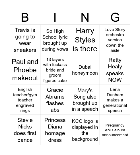 Taylor Wedding Bingo Card