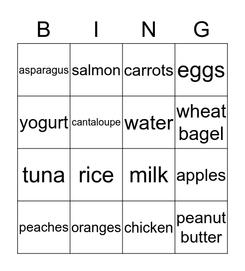 Nutrition Bingo Card