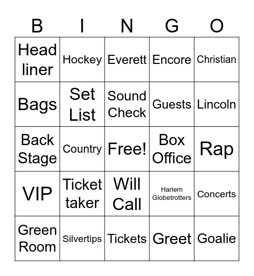 Angel Winds Arena Bingo Card