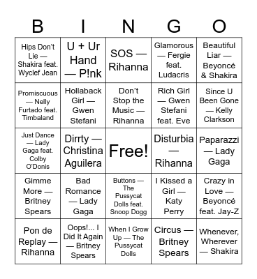 2000's Pop Bingo Card