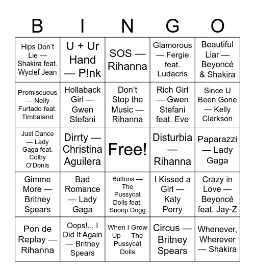 2000's Pop Bingo Card