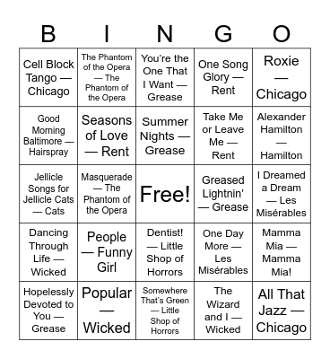 Musicals Bingo Card