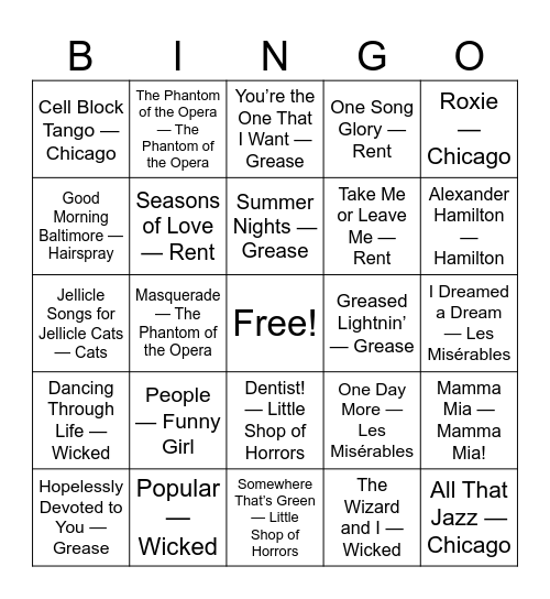 Musicals Bingo Card