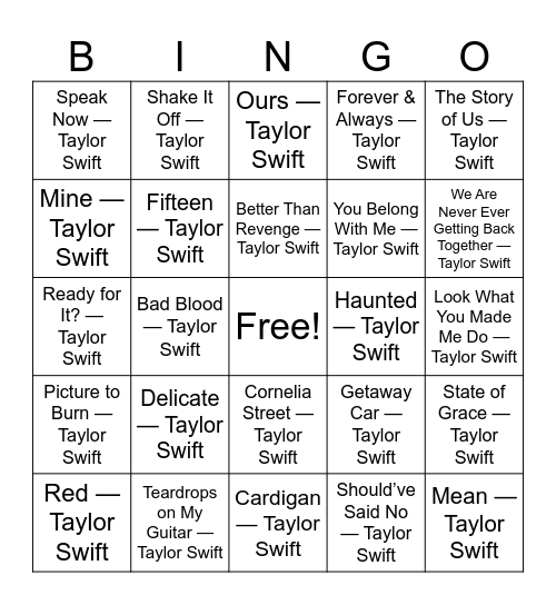 Taylor Swift Bingo Card