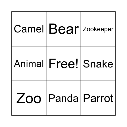 Zoo Animals Bingo Card