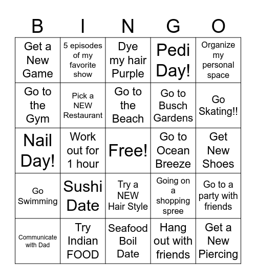 Bailey's Self-Care Bingo Card
