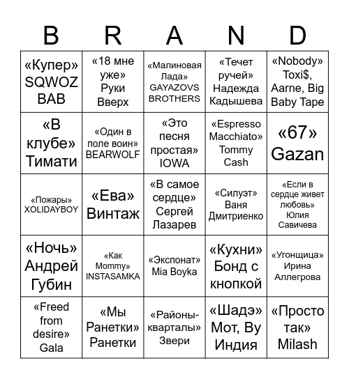 Музлото Bingo Card