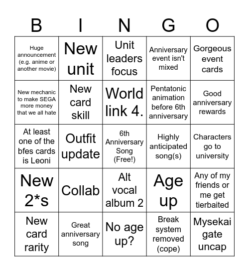 Project Sekai 6th Anniversary Bingo Card