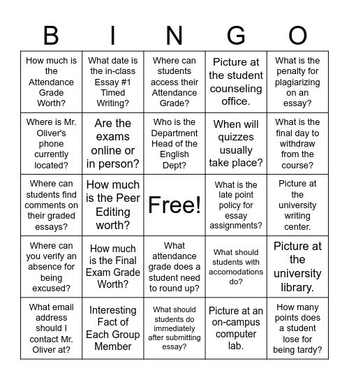 Welcome to ENGL 1301 Bingo Card