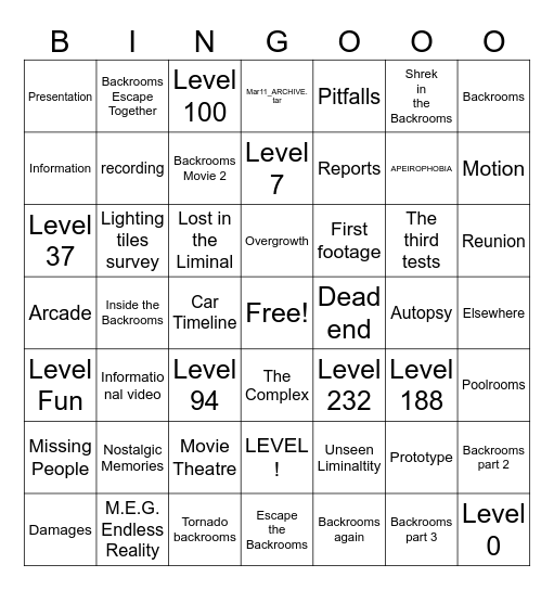 BACKROOMS GAMES Bingo Card