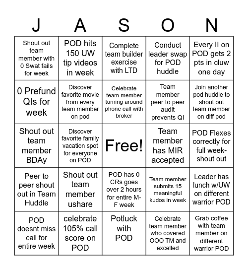 WARRIOR LEADER BINGO Card