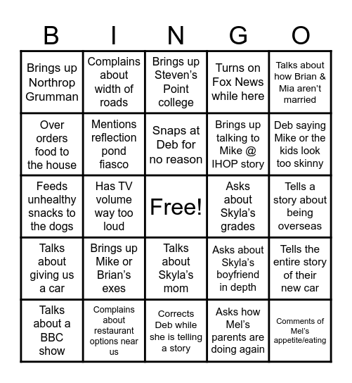 In Laws Bingo Card